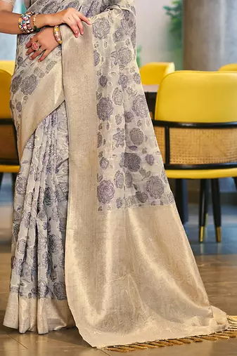 Sangam prints light grey cotton silk woven work traditional saree