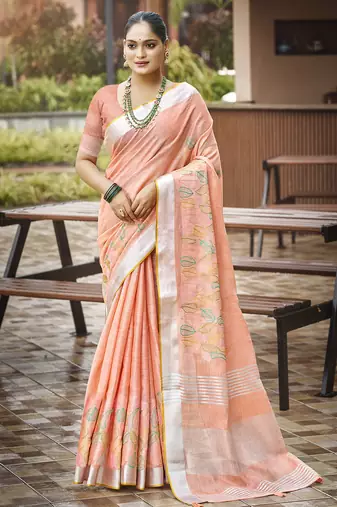 Sangam prints peach silk woven work traditional saree