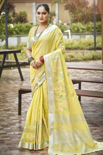 Sangam prints yellow silk woven work traditional saree
