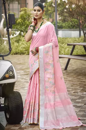 Sangam prints baby pink silk woven work traditional saree