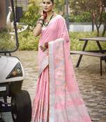 Sangam prints baby pink silk woven work traditional saree