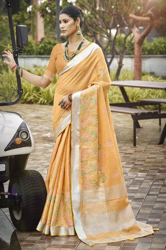 Sangam prints light orange silk woven work traditional saree