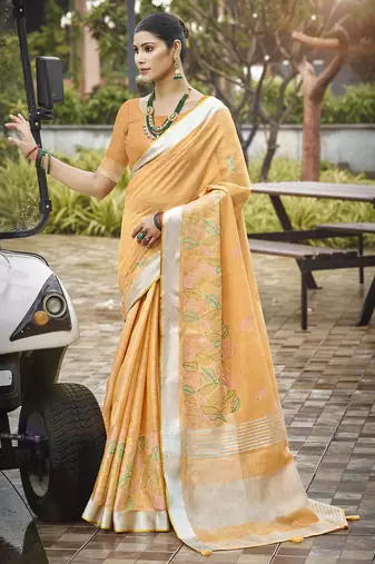 Sangam prints light orange silk woven work traditional saree