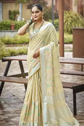 Sangam prints pista green silk woven work traditional saree