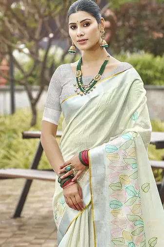Sangam prints off-white silk woven work traditional saree