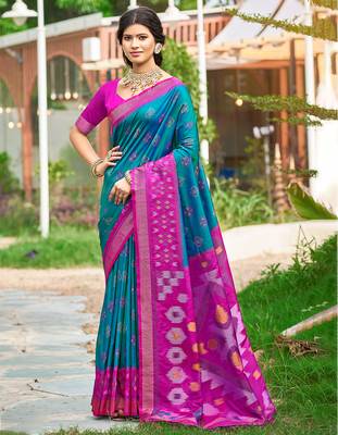 Sangam prints teal blue silk woven work traditional saree 1