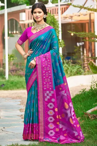 Sangam prints teal blue silk woven work traditional saree
