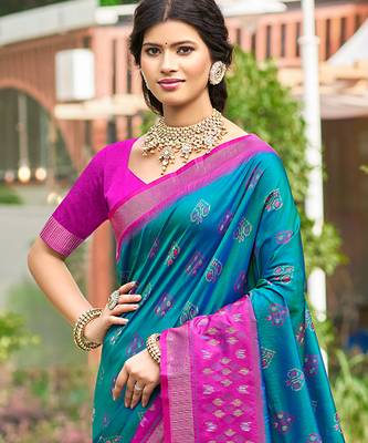 Sangam prints teal blue silk woven work traditional saree 2