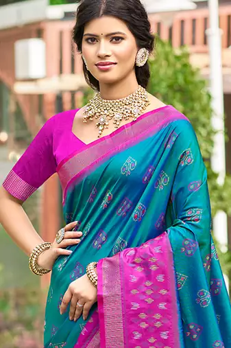 Sangam prints teal blue silk woven work traditional saree