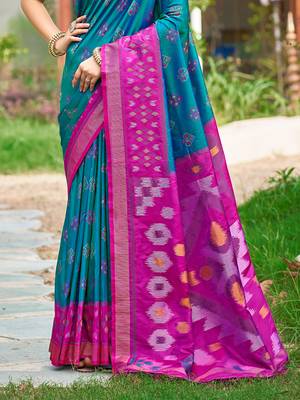 Sangam prints teal blue silk woven work traditional saree 3