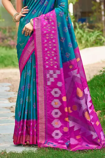 Sangam prints teal blue silk woven work traditional saree