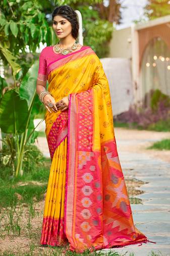 Sangam prints yellow silk woven work traditional saree