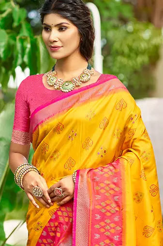 Sangam prints yellow silk woven work traditional saree