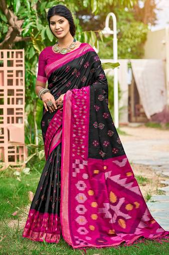 Sangam prints black and pink silk woven work traditional saree