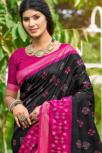 Sangam prints black and pink silk woven work traditional saree