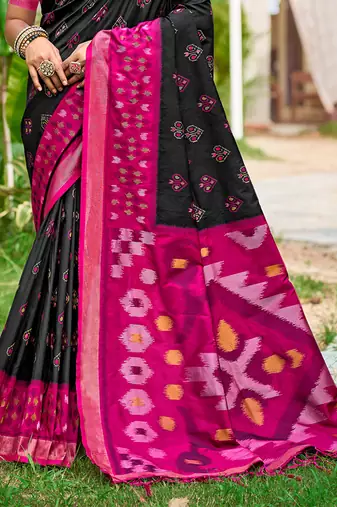 Sangam prints black and pink silk woven work traditional saree