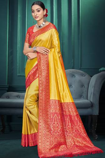 Sangam prints yellow kanjivaram silk woven work traditional saree