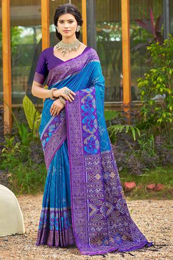 Sangam prints blue and purple silk woven work traditional saree