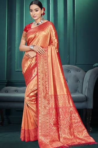 Sangam prints orange kanjivaram silk woven work traditional saree