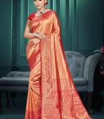 Sangam prints orange kanjivaram silk woven work traditional saree