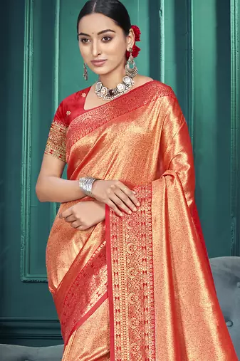 Sangam prints orange kanjivaram silk woven work traditional saree