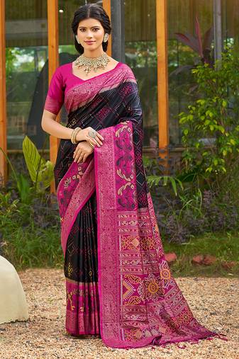 Sangam prints black and pink silk woven work traditional saree