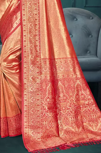 Sangam prints orange kanjivaram silk woven work traditional saree