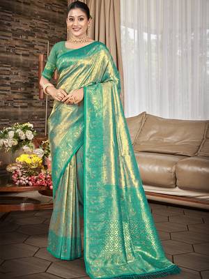 Sangam prints green kanjivaram silk woven work traditional saree 1