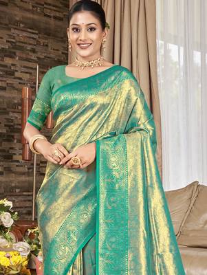 Sangam prints green kanjivaram silk woven work traditional saree 2