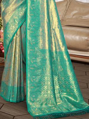 Sangam prints green kanjivaram silk woven work traditional saree 3