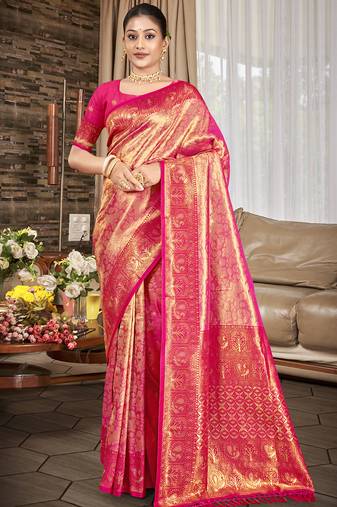 Sangam prints pink  kanjivaram silk woven work traditional saree
