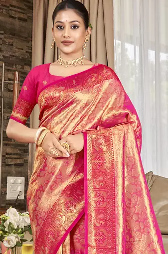 Sangam prints pink   kanjivaram silk woven work traditional saree