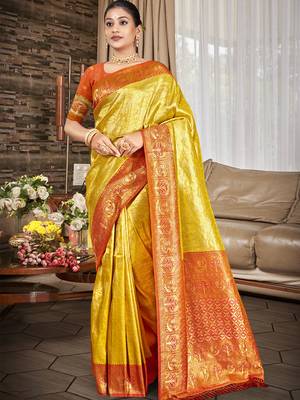 Sangam prints yellow kanjivaram silk woven work traditional saree 1