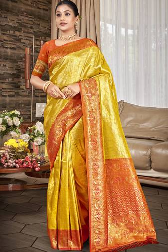 Sangam prints yellow kanjivaram silk woven work traditional saree