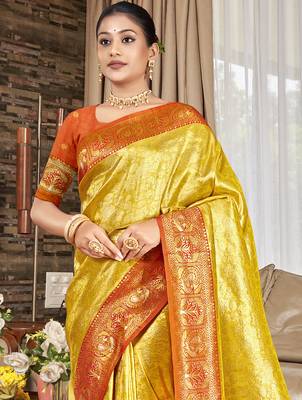 Sangam prints yellow kanjivaram silk woven work traditional saree 2