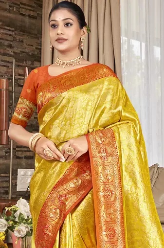 Sangam prints yellow kanjivaram silk woven work traditional saree