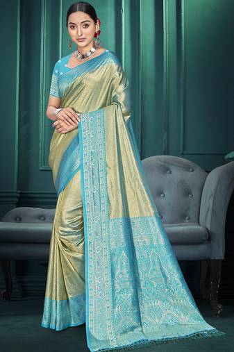 Sangam prints turquoise green kanjivaram silk woven work traditional saree