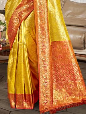 Sangam prints yellow kanjivaram silk woven work traditional saree 3