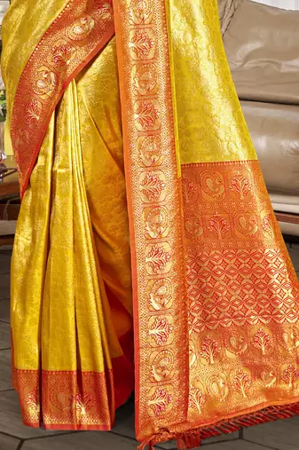 Sangam prints yellow kanjivaram silk woven work traditional saree