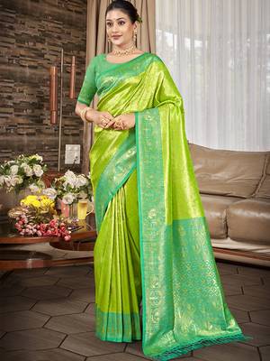 Sangam prints parrot green   kanjivaram silk woven work traditional saree 1