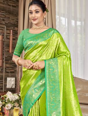 Sangam prints parrot green   kanjivaram silk woven work traditional saree 2