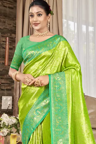 Sangam prints parrot green   kanjivaram silk woven work traditional saree