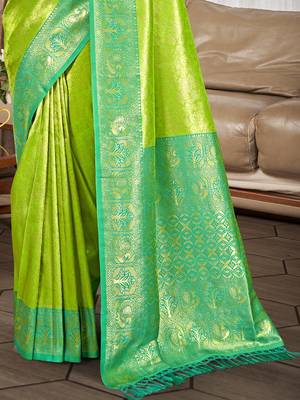Sangam prints parrot green   kanjivaram silk woven work traditional saree 3