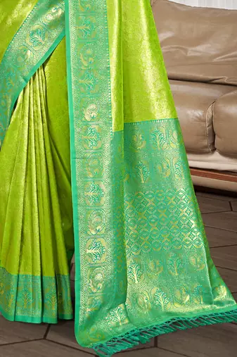 Sangam prints parrot green   kanjivaram silk woven work traditional saree