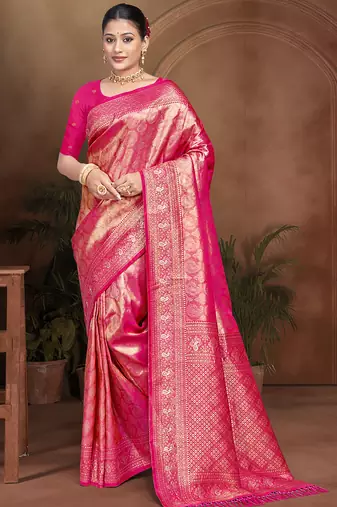 Sangam prints rani pink kanjivaram silk woven work traditional saree