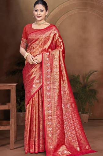 Sangam prints red kanjivaram silk woven work traditional saree