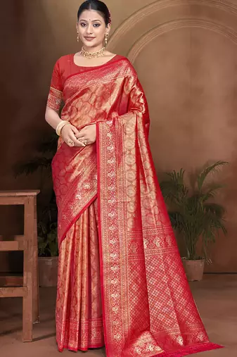 Sangam prints red kanjivaram silk woven work traditional saree