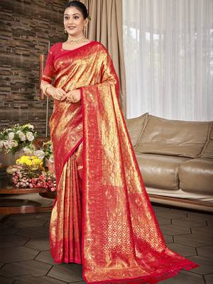 Sangam prints red with golden kanjivaram silk woven work traditional saree 1