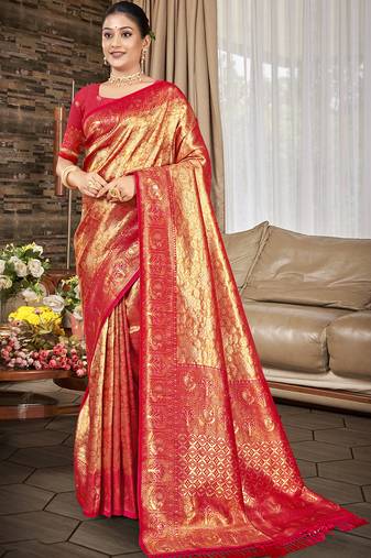 Sangam prints red with golden kanjivaram silk woven work traditional saree