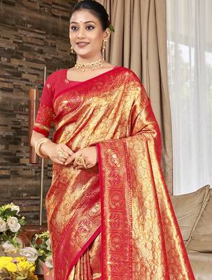 Sangam prints red with golden kanjivaram silk woven work traditional saree 2